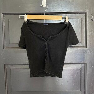 Brandy Mellvile Button Up Ribbed Black Top